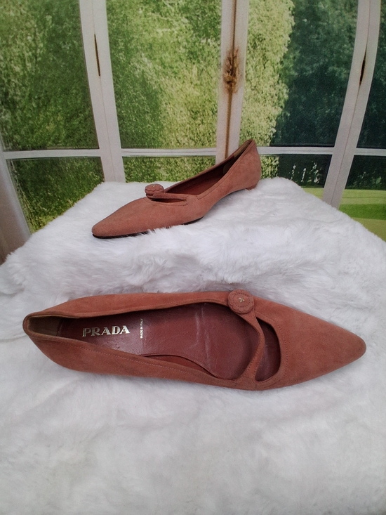 Prada Shoes - Vintage Prada Cipria Pink Suede Pointed Toe Flats Size 38 Mary Jane Button